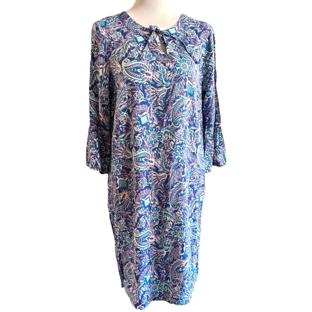 Caribbean Joe Women's Boho blue paisley bell sleeve sundress coverup sz M SPF 50